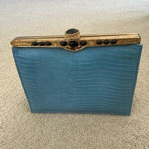 Teal Croc-Embossed Frame Clutch with Gold & Black Accents